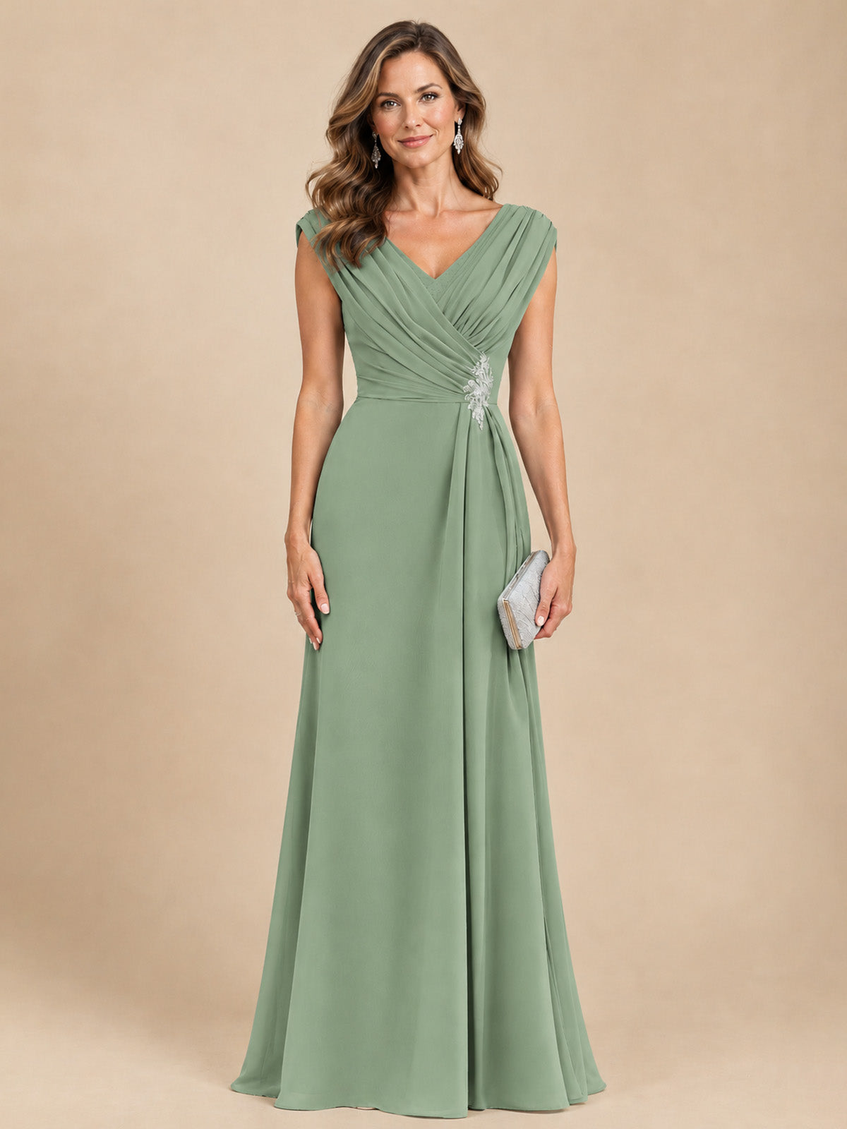 V Neck Pleated Mother of The Bride Dresses with Beading Cap Sleeves