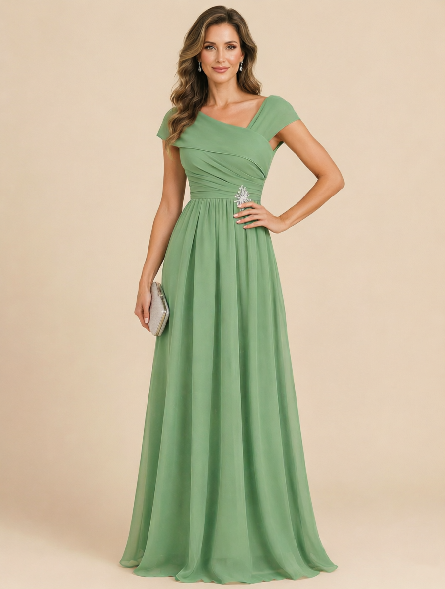 Cap Sleeve Mother of The Bride Dresses Long Chiffon Formal Gowns