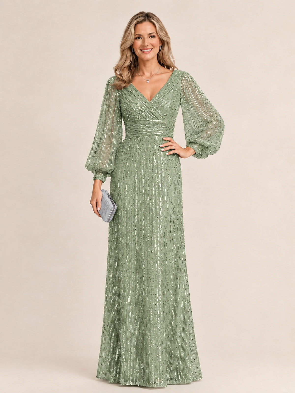 Sage Green Mermaid Sparkle Sequin Mother of The Bride Dresses with Long Sleeves