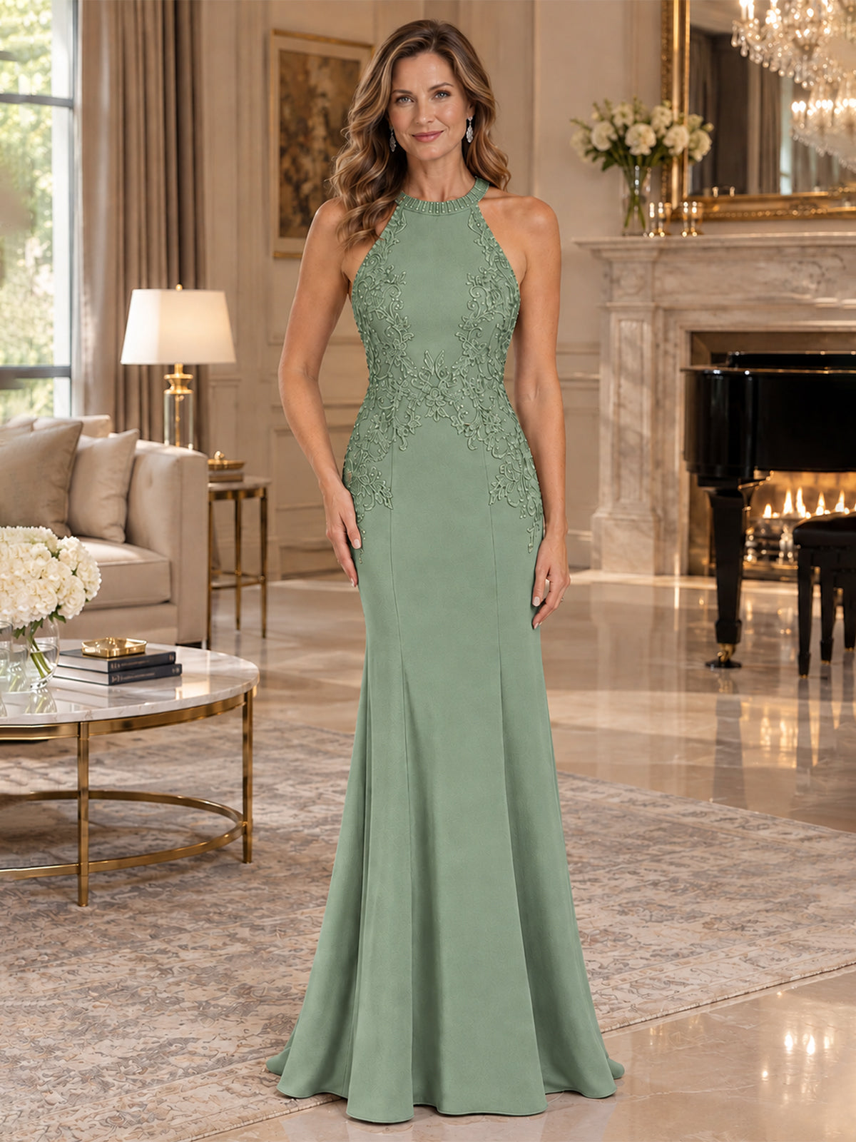 Halter Neckline Lace Appliques Mother of The Bride Dresses