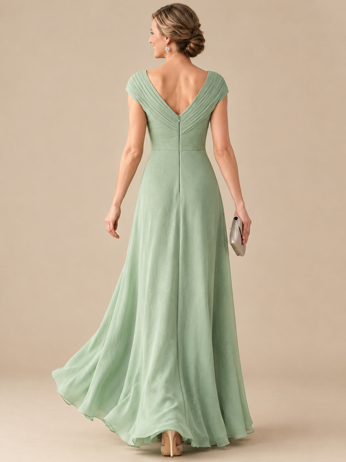Pleated Chiffon Lace Mother of The Bride Dresses with Beading Cap Sleeves
