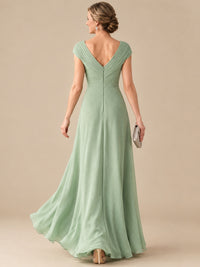 Pleated Chiffon Lace Mother of The Bride Dresses with Beading Cap Sleeves
