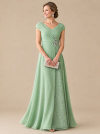 Pleated Chiffon Lace Mother of The Bride Dresses with Beading Cap Sleeves