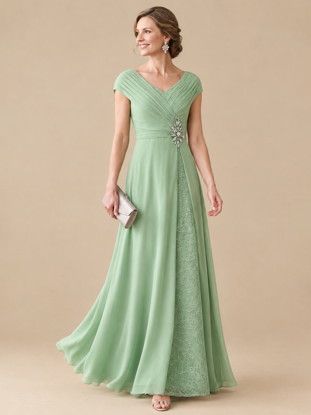Pleated Chiffon Lace Mother of The Bride Dresses with Beading Cap Sleeves