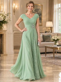 Pleated Chiffon Lace Mother of The Bride Dresses with Beading Cap Sleeves