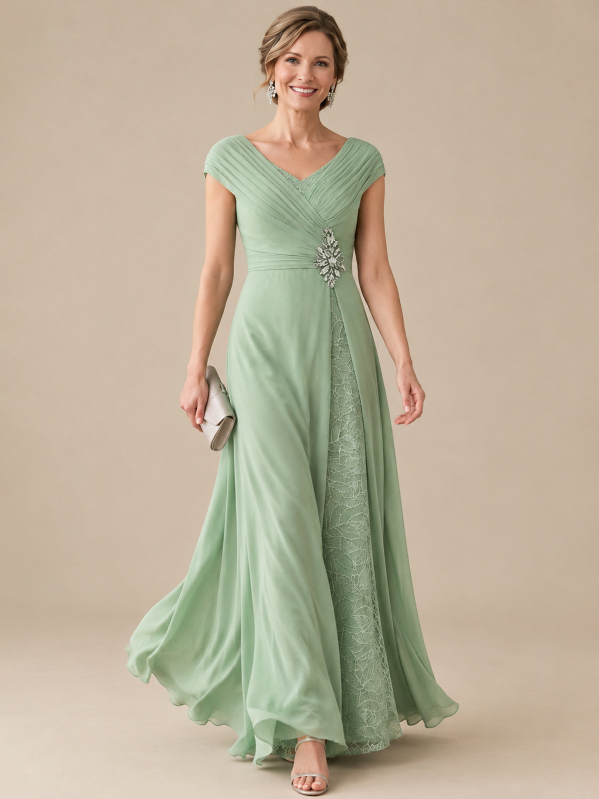 Pleated Chiffon Lace Mother of The Bride Dresses with Beading Cap Sleeves