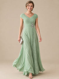Pleated Chiffon Lace Mother of The Bride Dresses with Beading Cap Sleeves