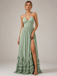 Halter V Neck Chiffon Formal Dress with Lace-Up Back and Ruffle Hem