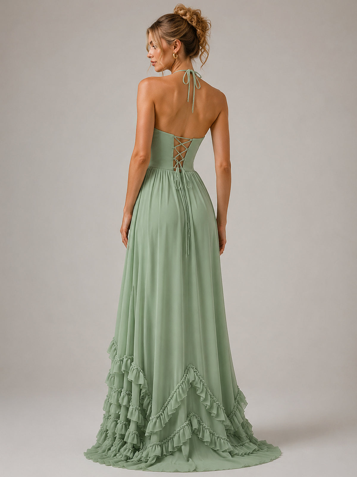 Halter V Neck Chiffon Formal Dress with Lace-Up Back and Ruffle Hem