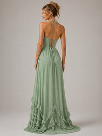Halter V Neck Chiffon Formal Dress with Lace-Up Back and Ruffle Hem