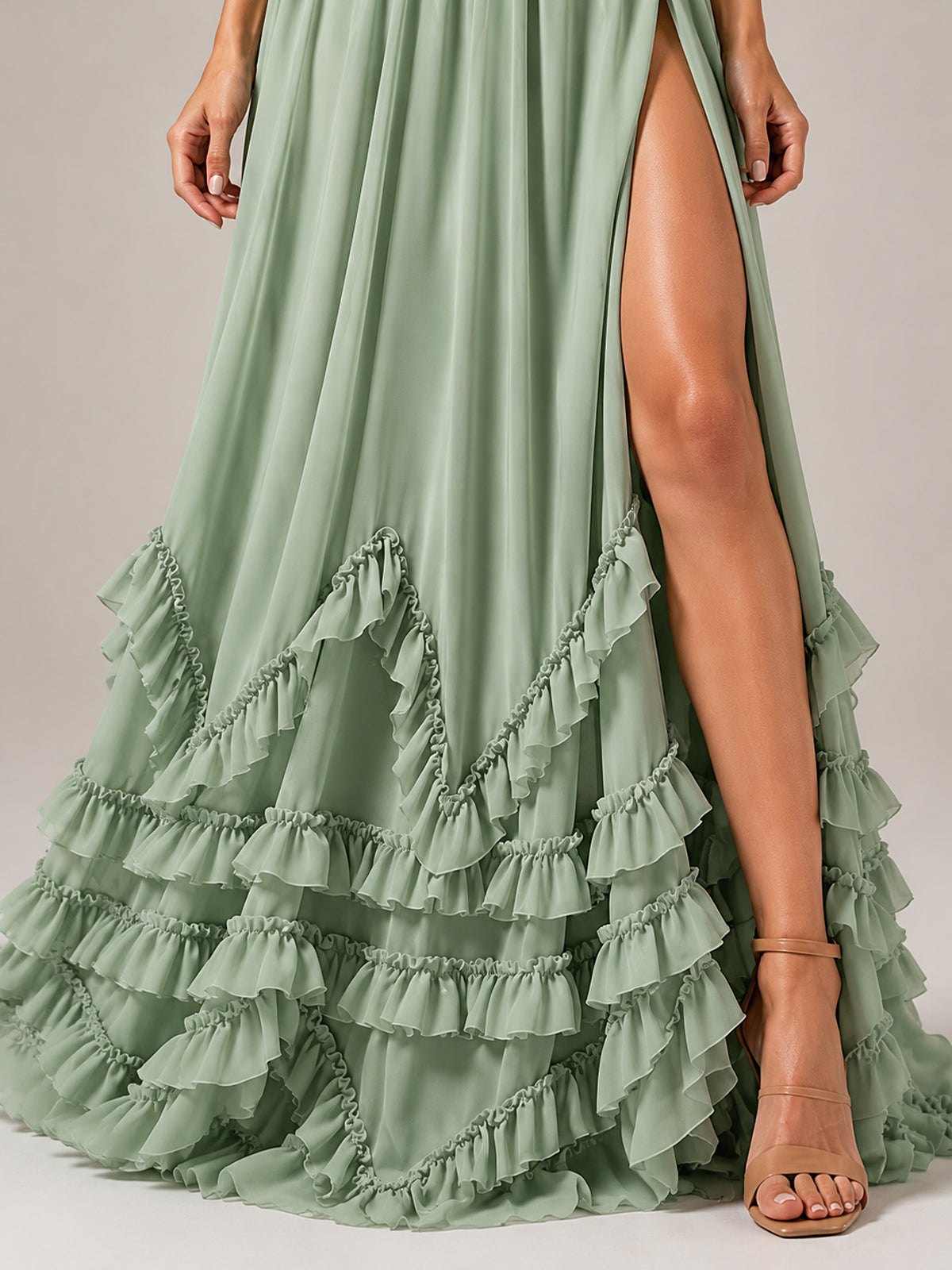 Halter V Neck Chiffon Formal Dress with Lace-Up Back and Ruffle Hem