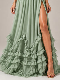 Halter V Neck Chiffon Formal Dress with Lace-Up Back and Ruffle Hem