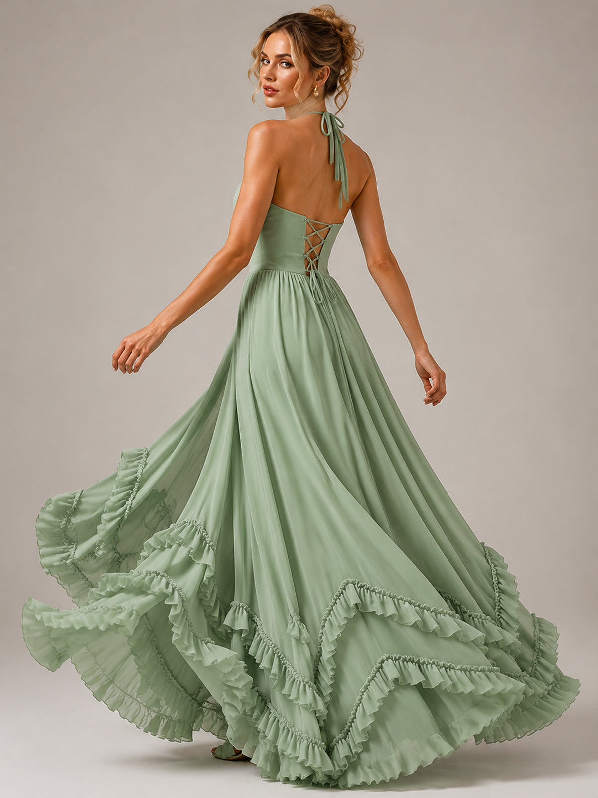 Halter V Neck Chiffon Formal Dress with Lace-Up Back and Ruffle Hem