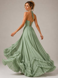 Halter V Neck Chiffon Formal Dress with Lace-Up Back and Ruffle Hem