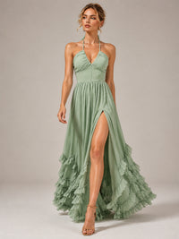 Halter V Neck Chiffon Formal Dress with Lace-Up Back and Ruffle Hem