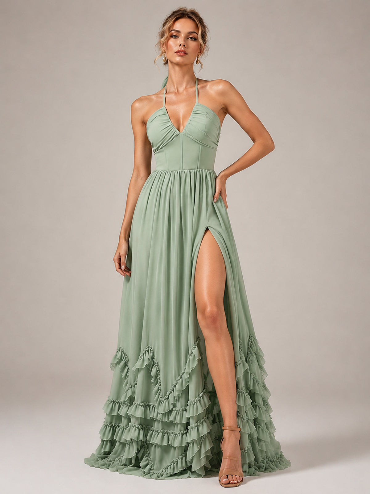Halter V Neck Chiffon Formal Dress with Lace-Up Back and Ruffle Hem