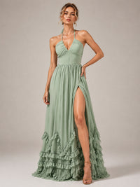 Halter V Neck Chiffon Formal Dress with Lace-Up Back and Ruffle Hem