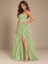 Chocolate Brown Floral Strapless Corset A-Line Evening Gown with Slit