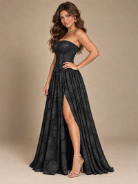 Chocolate Brown Floral Strapless Corset A-Line Evening Gown with Slit