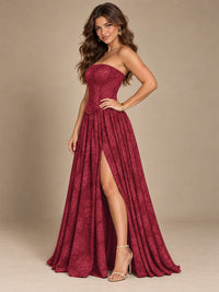Chocolate Brown Floral Strapless Corset A-Line Evening Gown with Slit
