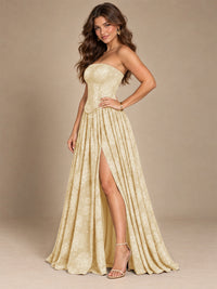 Chocolate Brown Floral Strapless Corset A-Line Evening Gown with Slit
