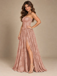 Chocolate Brown Floral Strapless Corset A-Line Evening Gown with Slit