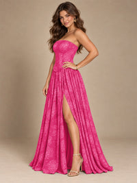 Chocolate Brown Floral Strapless Corset A-Line Evening Gown with Slit
