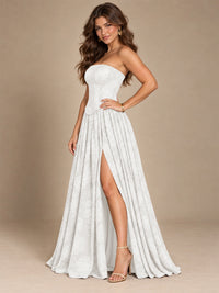 Chocolate Brown Floral Strapless Corset A-Line Evening Gown with Slit