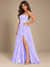 Chocolate Brown Floral Strapless Corset A-Line Evening Gown with Slit