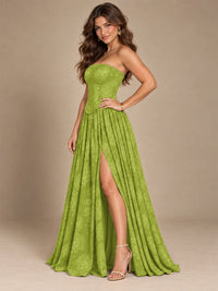 Chocolate Brown Floral Strapless Corset A-Line Evening Gown with Slit