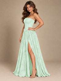 Chocolate Brown Floral Strapless Corset A-Line Evening Gown with Slit