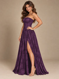 Chocolate Brown Floral Strapless Corset A-Line Evening Gown with Slit