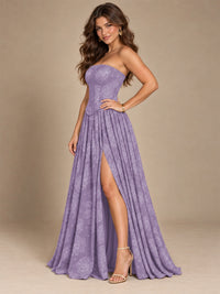 Chocolate Brown Floral Strapless Corset A-Line Evening Gown with Slit