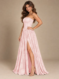 Chocolate Brown Floral Strapless Corset A-Line Evening Gown with Slit