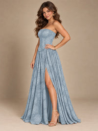 Chocolate Brown Floral Strapless Corset A-Line Evening Gown with Slit