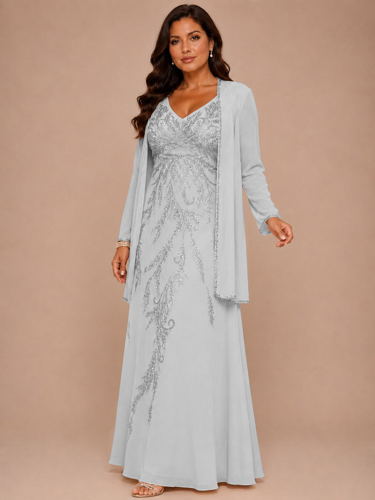 Champagne Beaded Chiffon Mother of the Bride Dress with Jacket V-Neck Gown