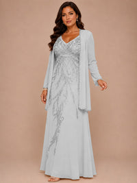 Champagne Beaded Chiffon Mother of the Bride Dress with Jacket V-Neck Gown