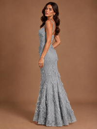 Floral Applique Mermaid Formal Dress with Lace-Up Back