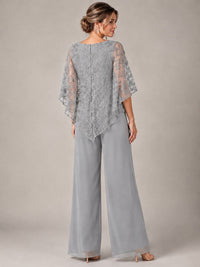 3/4 Sleeve Sequin Chiffon Jumpsuit with Cape