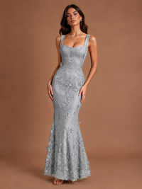 Floral Applique Mermaid Formal Dress with Lace-Up Back