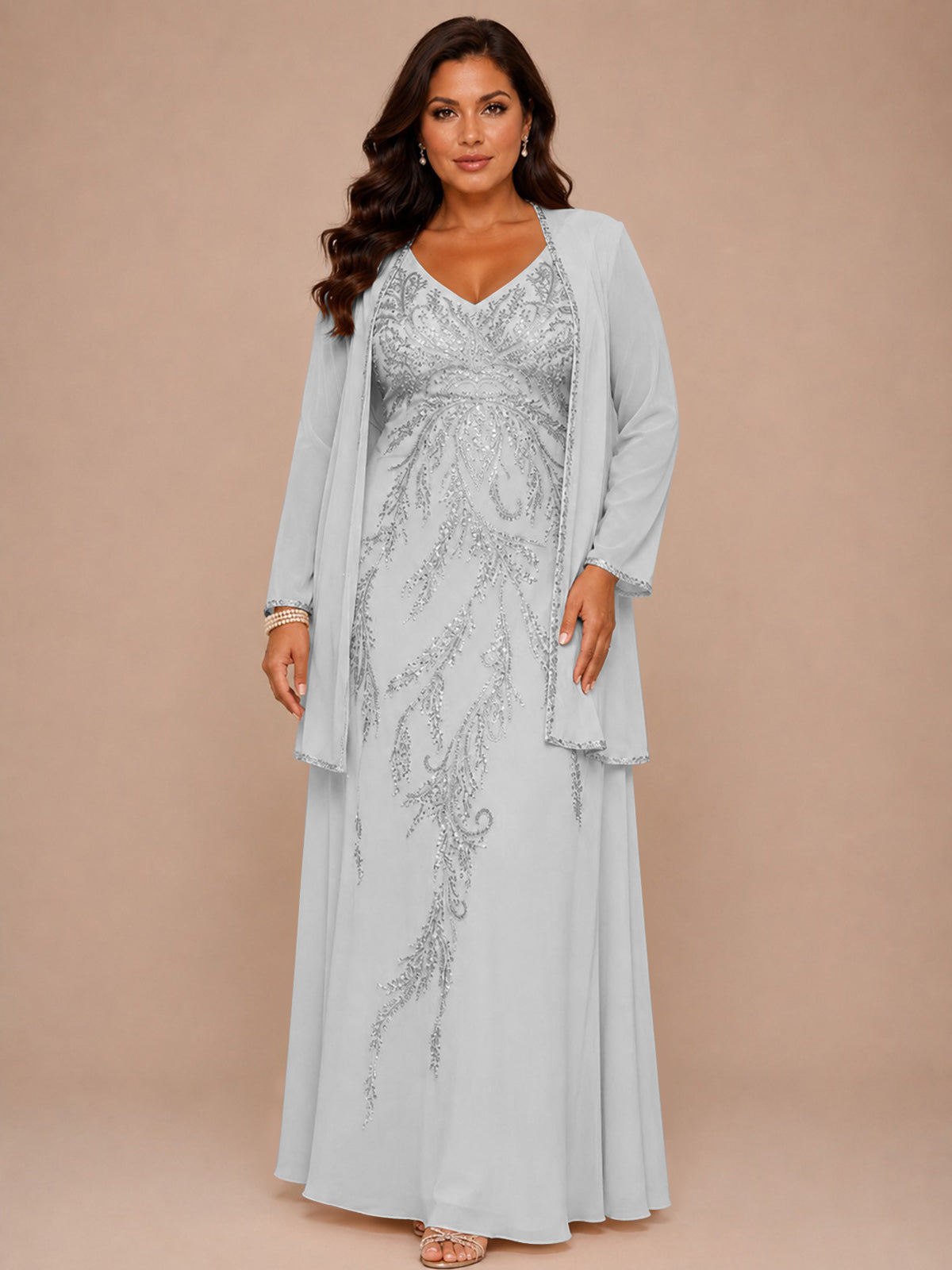 Champagne Beaded Chiffon Mother of the Bride Dress with Jacket V-Neck Gown