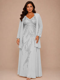 Champagne Beaded Chiffon Mother of the Bride Dress with Jacket V-Neck Gown