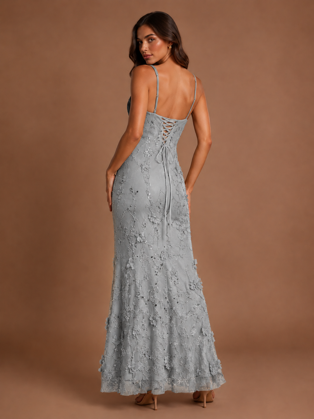 Floral Applique Mermaid Formal Dress with Lace-Up Back