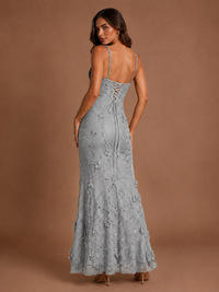 Floral Applique Mermaid Formal Dress with Lace-Up Back