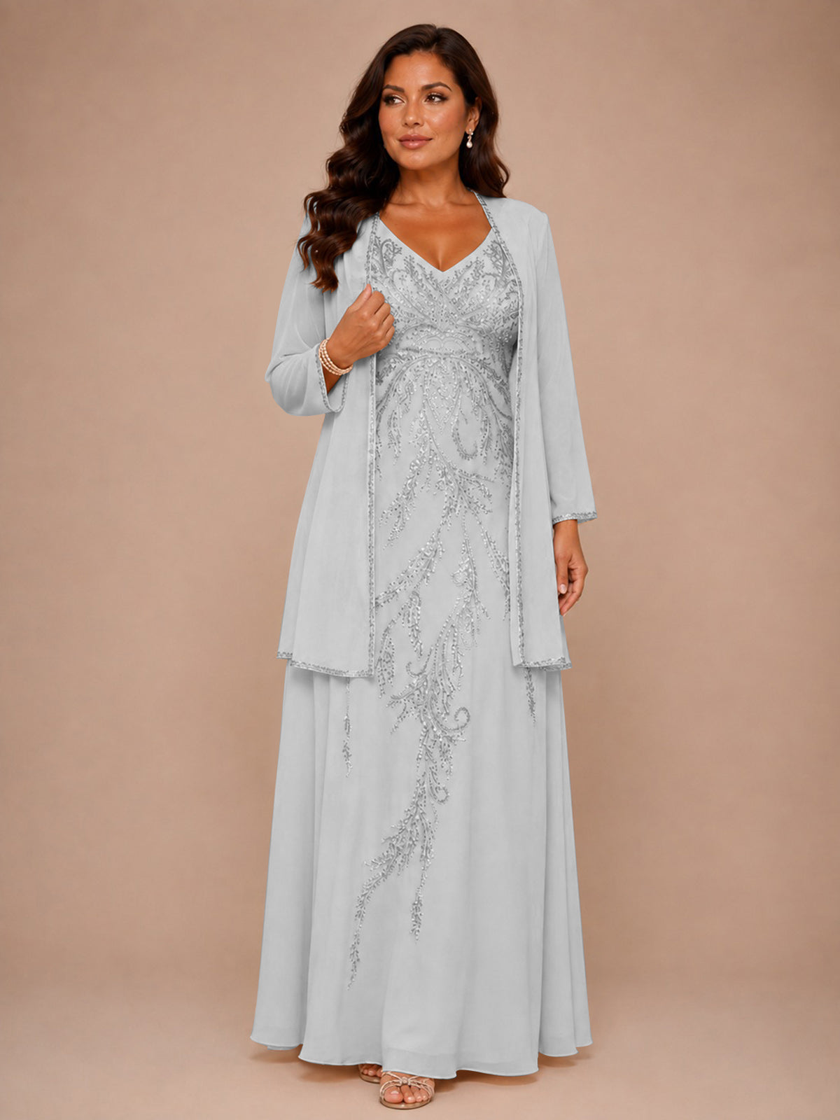 Champagne Beaded Chiffon Mother of the Bride Dress with Jacket V-Neck Gown