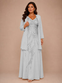 Champagne Beaded Chiffon Mother of the Bride Dress with Jacket V-Neck Gown
