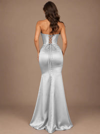 Dusty Blue Strapless Lace Corset Prom Dress with High Slit