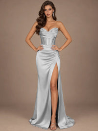 Dusty Blue Strapless Lace Corset Prom Dress with High Slit