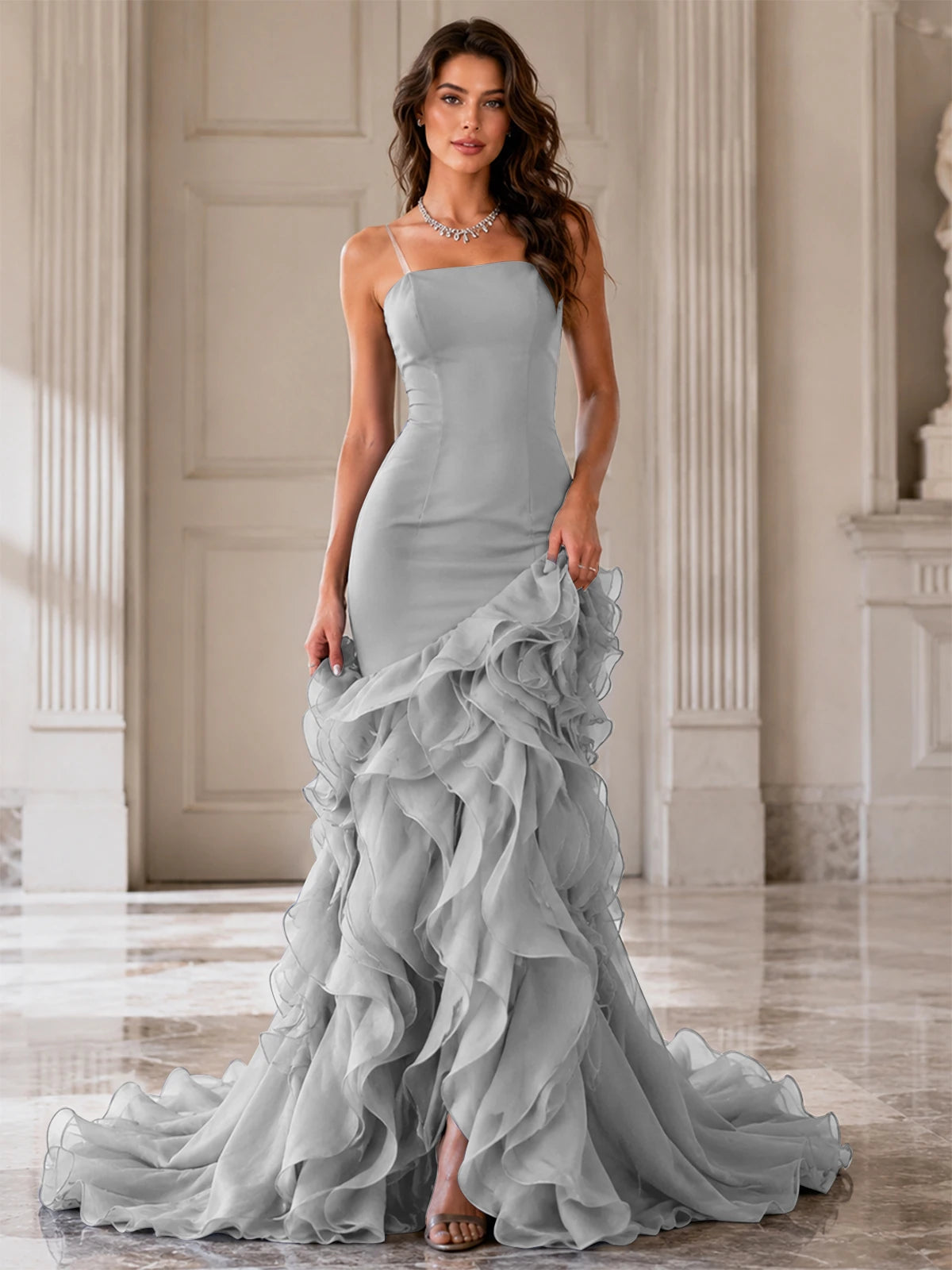 Mermaid Formal Evening Dress with Layered Ruffle Train
