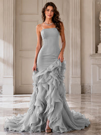 Mermaid Formal Evening Dress with Layered Ruffle Train